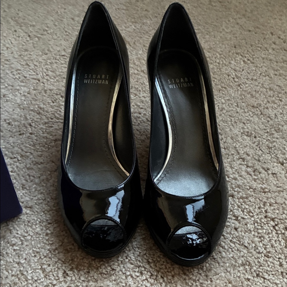 Stuart Weitzman Glossy Black Peep Toe Heels